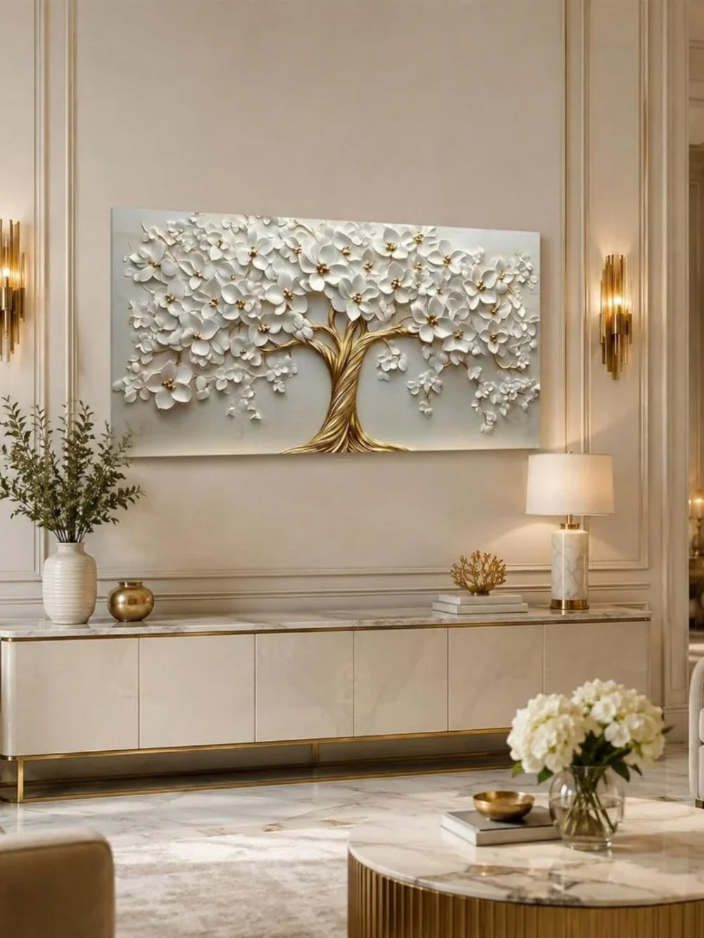 Large Tree of Life Canvas Art - Gold Floral Wall Decor for Living Room & Office